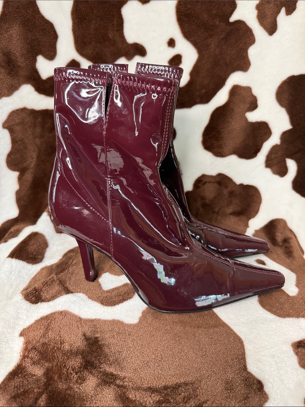 Zara Glossy Wine-Red Pointed Toe Stiletto Ankle Boots